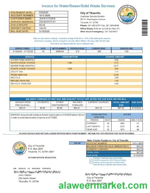 USA City of Titusville Florida utility bill template in Word and PDF format (.doc and .pdf)